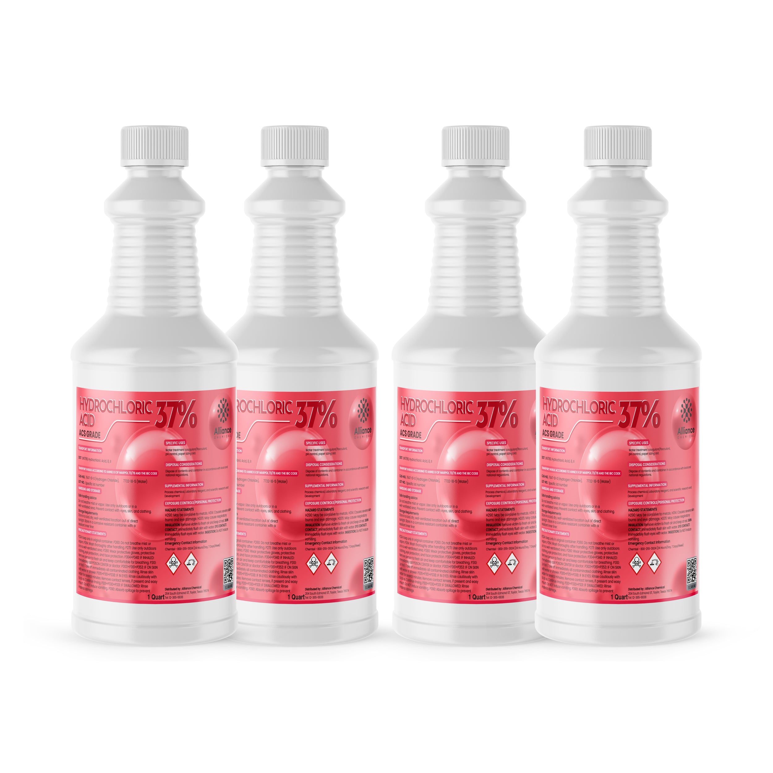 Alliance Chemical hydrochloric acid 37% in clear quart HDPE squeeze bottles with secure white caps